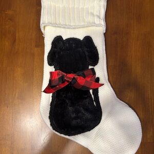 White Christmas Stocking with Black Dog and Red Bow